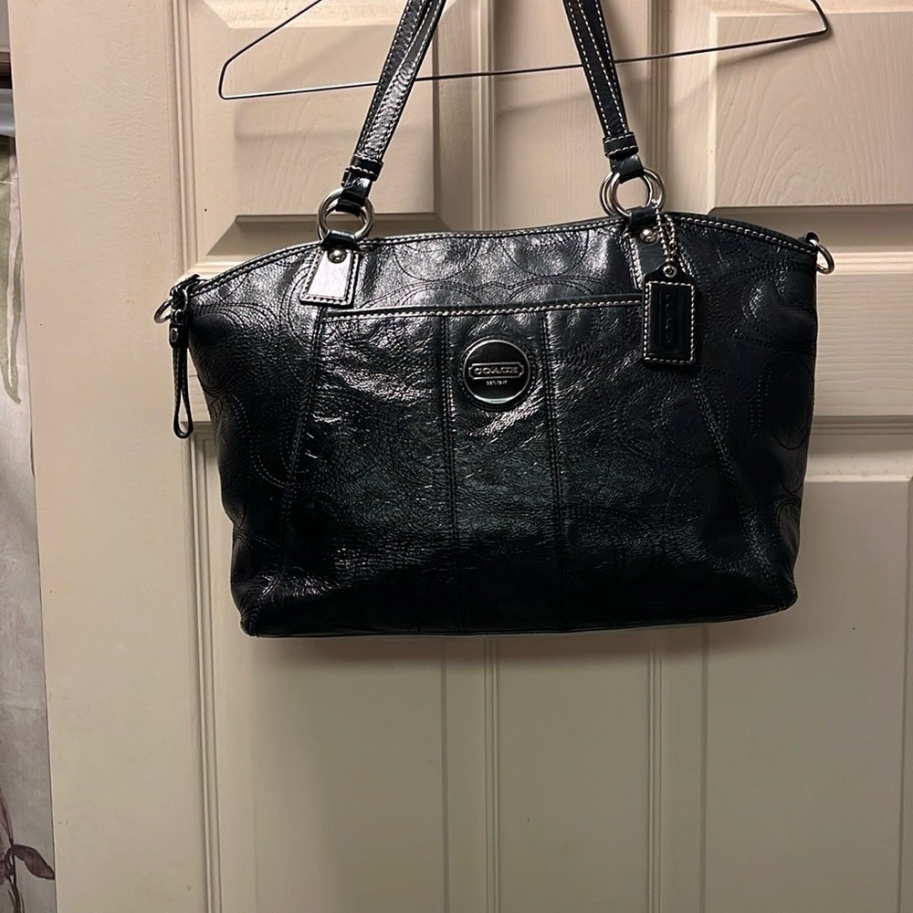 Coach Black Leather Monogram Shoulder Bag with Glossy Finish and Hangtag